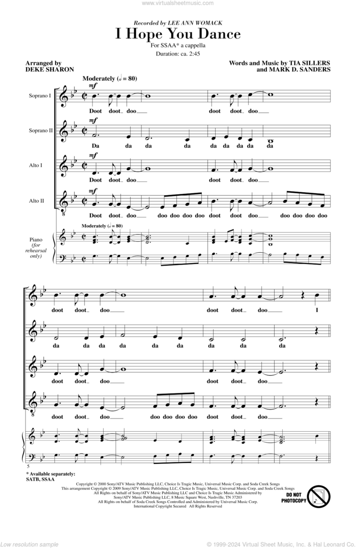 I Hope You Dance sheet music for choir (SSA: soprano, alto) by Deke Sharon, Mark D. Sanders, Tia Sillers and Lee Ann Womack, intermediate skill level