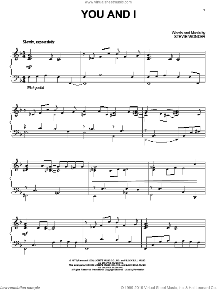 You And I sheet music for piano solo by Stevie Wonder, wedding score, intermediate skill level