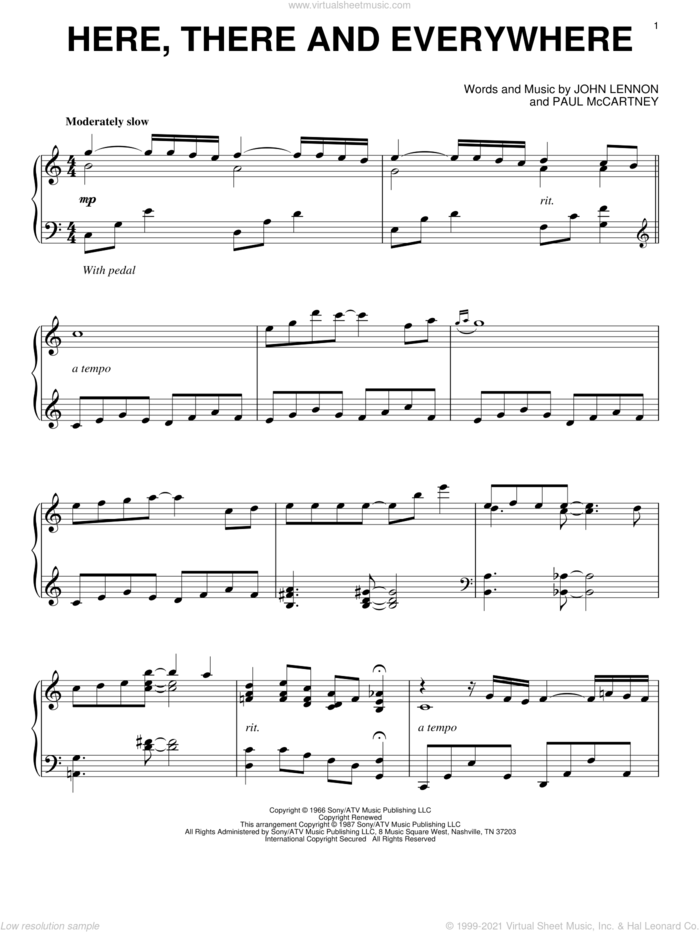 Here, There And Everywhere, (intermediate) sheet music for piano solo by The Beatles, John Lennon and Paul McCartney, wedding score, intermediate skill level