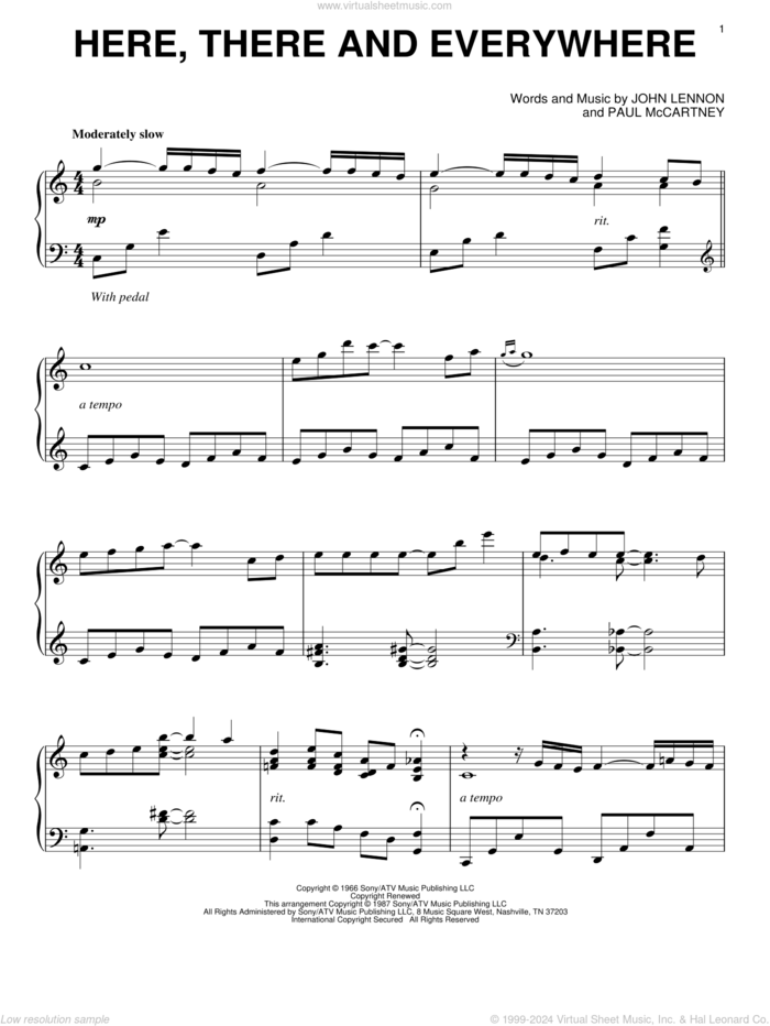 Here, There And Everywhere, (intermediate) sheet music for piano solo by The Beatles, John Lennon and Paul McCartney, wedding score, intermediate skill level