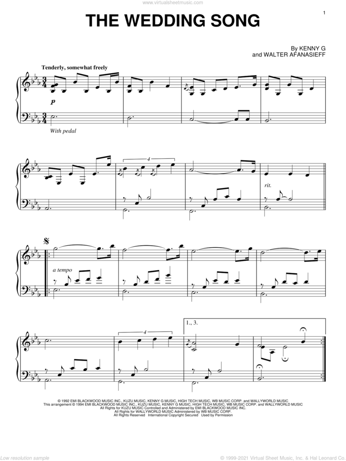 The Wedding Song sheet music for piano solo by Kenny G and Walter Afanasieff, wedding score, intermediate skill level