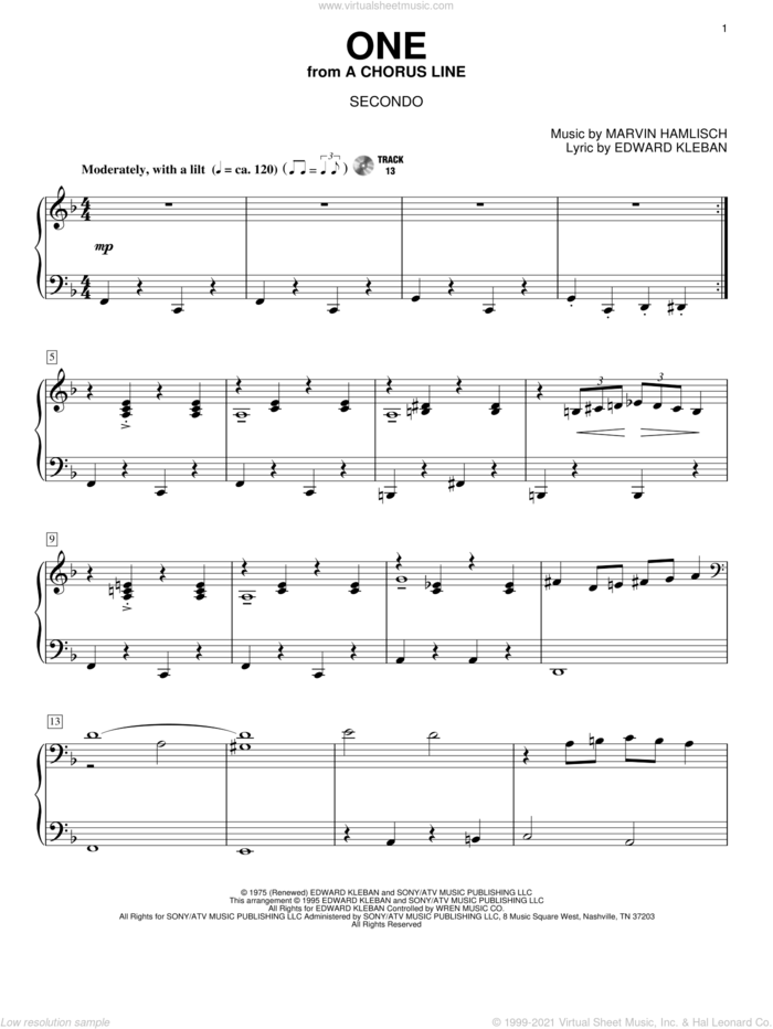 One sheet music for piano four hands by Marvin Hamlisch, A Chorus Line (Musical) and Edward Kleban, intermediate skill level