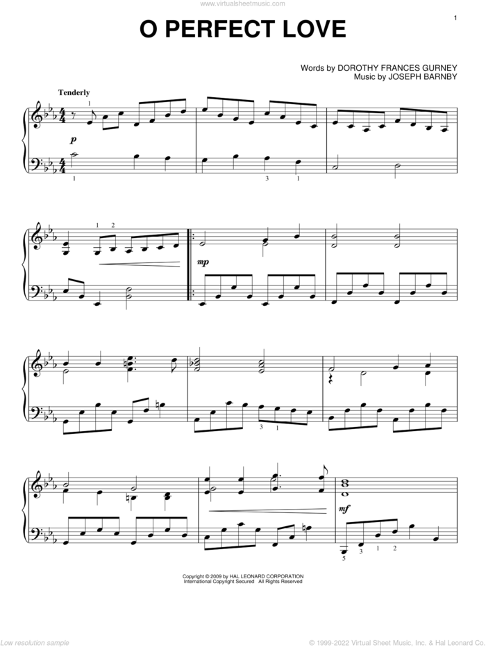 O Perfect Love sheet music for piano solo by Joseph Barnby and Dorothy Frances Gurney, classical wedding score, intermediate skill level