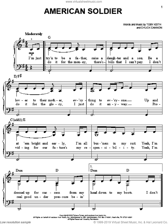 American Soldier sheet music for piano solo by Toby Keith and Chuck Cannon, easy skill level