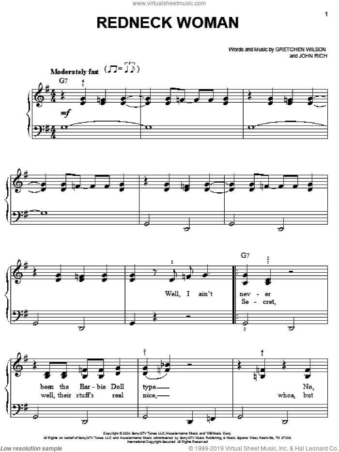 Redneck Woman sheet music for piano solo by Gretchen Wilson and John Rich, easy skill level
