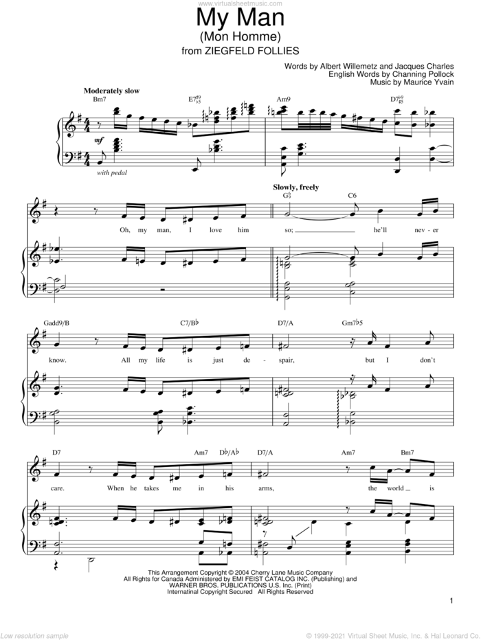 My Man (Mon Homme) sheet music for voice, piano or guitar by Albert Willemetz, Barbra Streisand, Billie Holiday, Diana Ross, Sarah Vaughan, Channing Pollock, Jacques Charles and Maurice Yvain, intermediate skill level