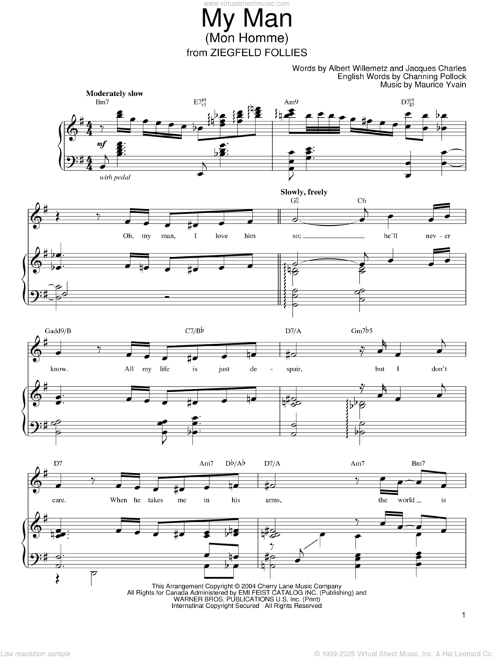 My Man (Mon Homme) sheet music for voice, piano or guitar by Albert Willemetz, Barbra Streisand, Billie Holiday, Diana Ross, Sarah Vaughan, Channing Pollock, Jacques Charles and Maurice Yvain, intermediate skill level