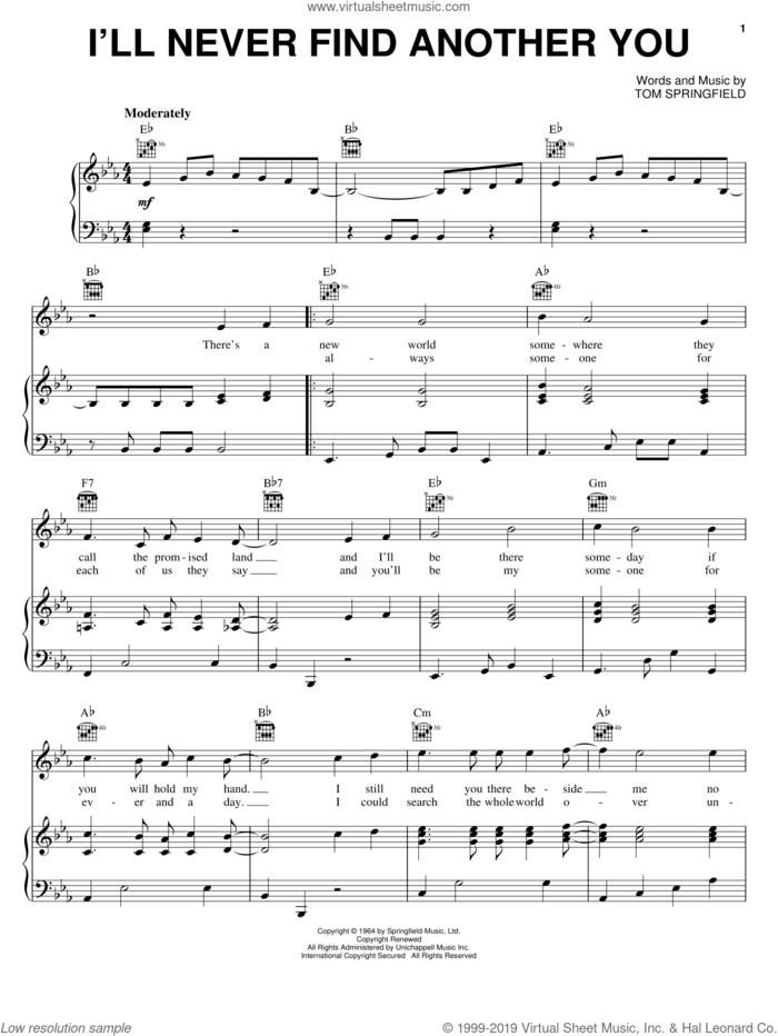 I'll Never Find Another You sheet music for voice, piano or guitar by The Seekers, Sonny James and Tom Springfield, intermediate skill level