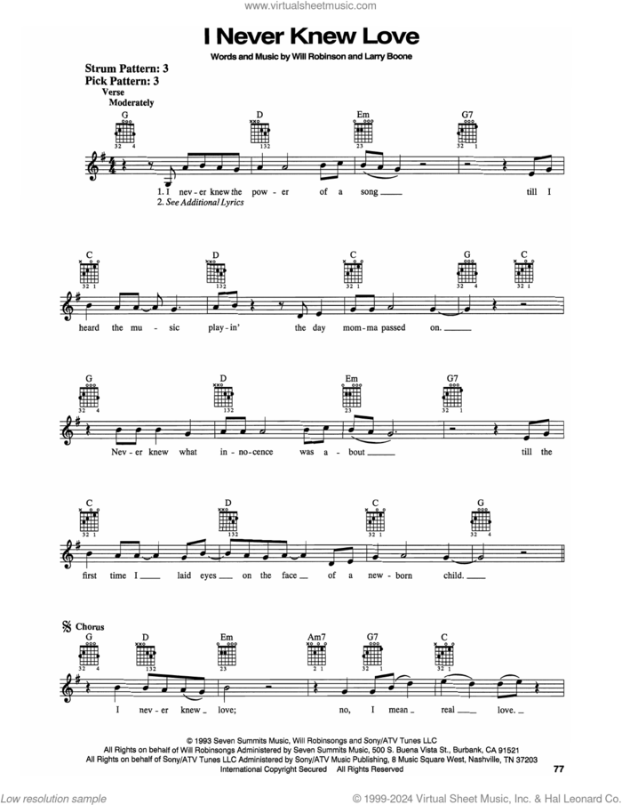 I Never Knew Love sheet music for guitar solo (chords) by Doug Stone, Larry Boone and Will Robinson, easy guitar (chords)