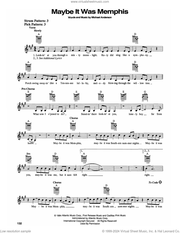 Maybe It Was Memphis sheet music for guitar solo (chords) by Pam Tillis and Michael Anderson, easy guitar (chords)