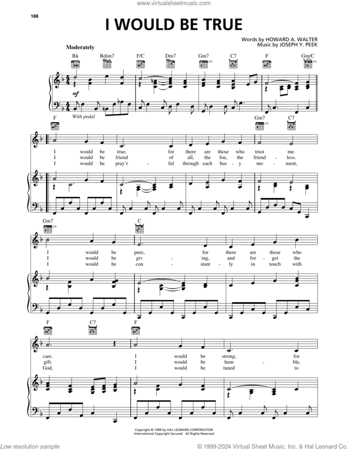 I Would Be True sheet music for voice, piano or guitar by Howard A. Walter and Joseph Y. Peek, intermediate skill level