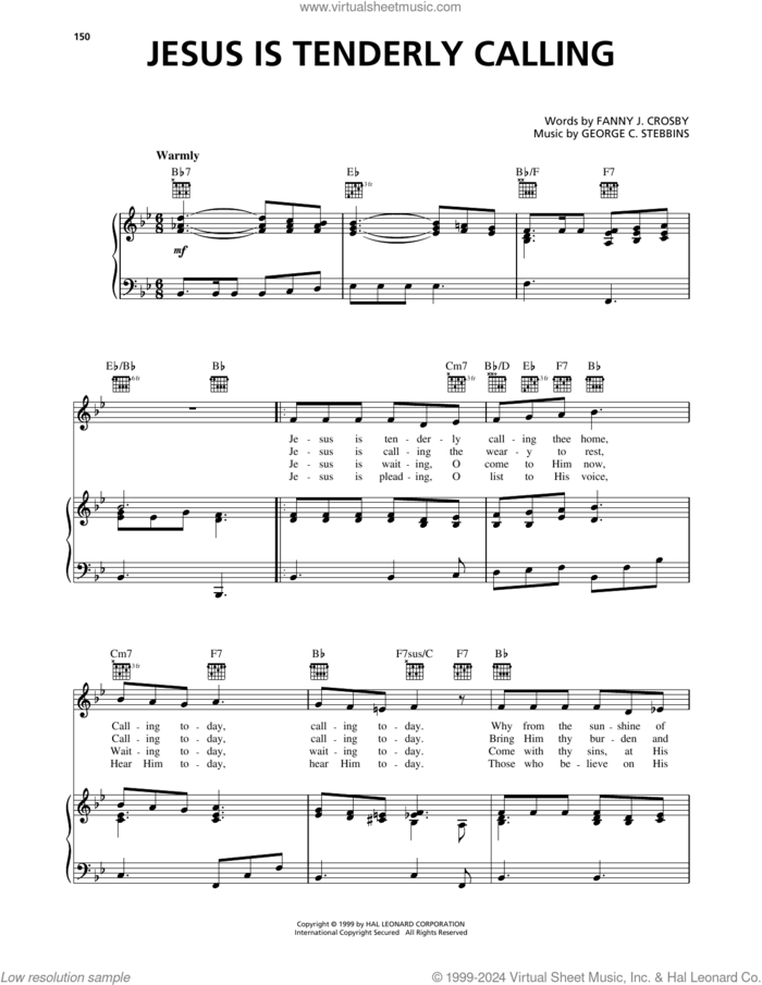 Jesus Is Tenderly Calling sheet music for voice, piano or guitar by Fanny J. Crosby and George C. Stebbins, intermediate skill level