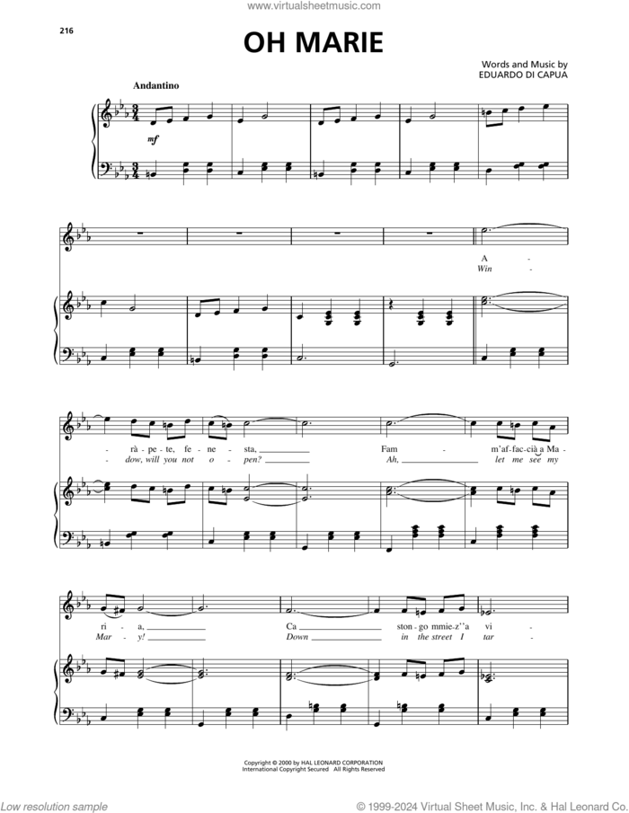 Oh Marie sheet music for voice, piano or guitar by Eduardo di Capua, classical score, intermediate skill level