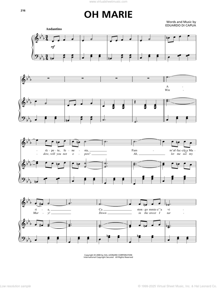 Oh Marie sheet music for voice, piano or guitar by Eduardo di Capua, classical score, intermediate skill level