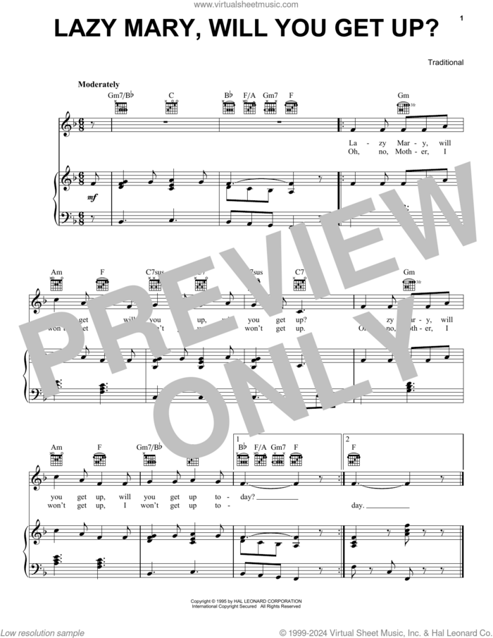 Lazy Mary, Will You Get Up? sheet music for voice, piano or guitar, classical score, intermediate skill level