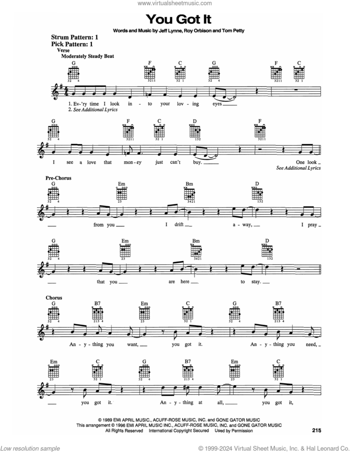 You Got It sheet music for guitar solo (chords) by Roy Orbison, Bonnie Raitt, Jeff Lynne and Tom Petty, easy guitar (chords)