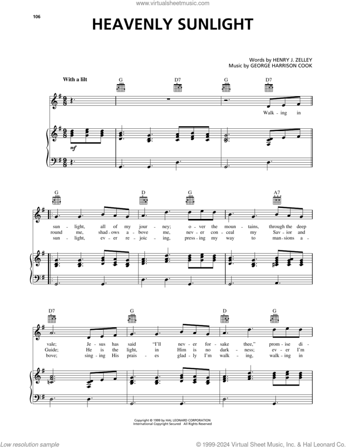 Heavenly Sunlight sheet music for voice, piano or guitar by George Harrison Cook and Henry J. Zelley, intermediate skill level