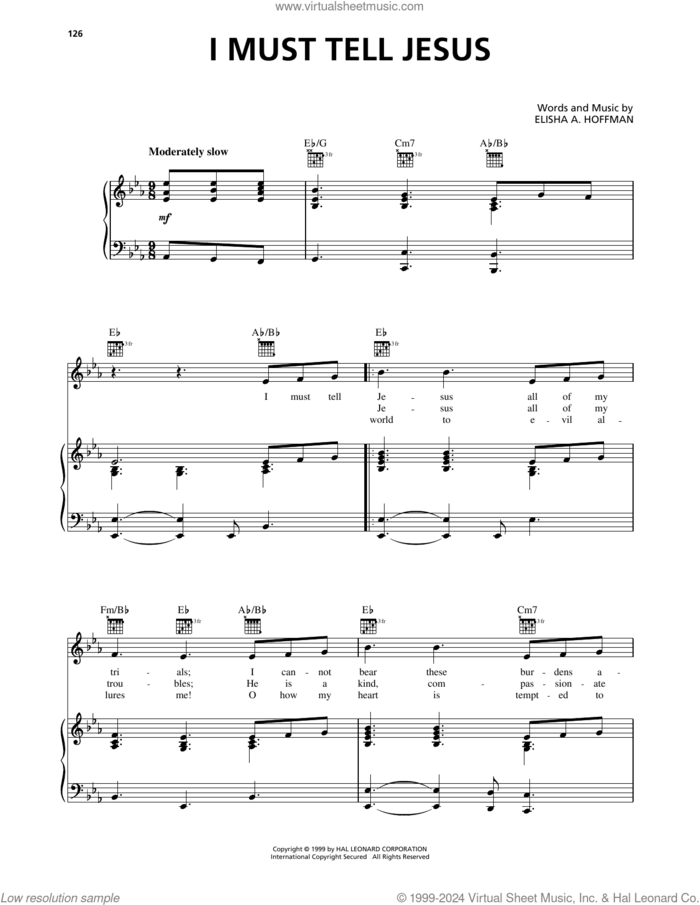 I Must Tell Jesus sheet music for voice, piano or guitar by Elisha A. Hoffman, intermediate skill level