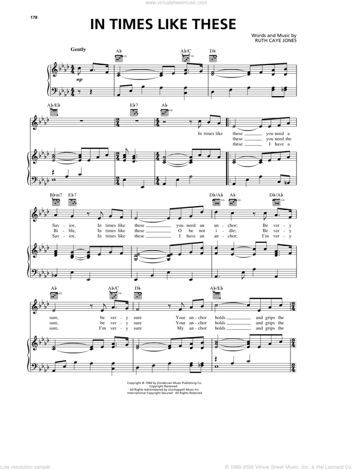 In Times Like These sheet music for voice, piano or guitar by Ruth Caye Jones, intermediate skill level