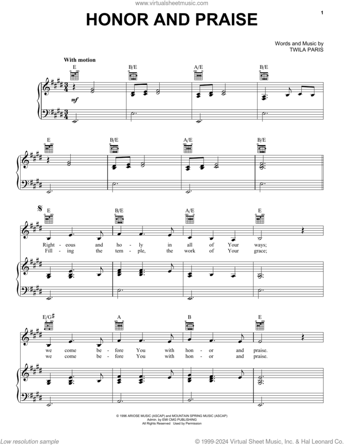 Honor And Praise sheet music for voice, piano or guitar by Twila Paris, intermediate skill level
