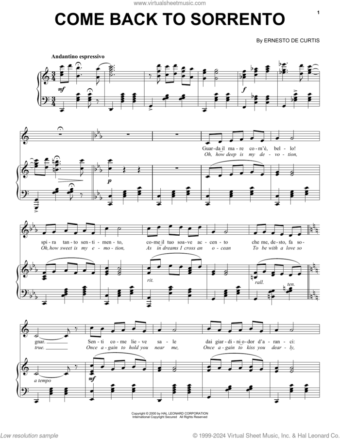 Come Back To Sorrento sheet music for voice and piano by Ernesto de Curtis, classical score, intermediate skill level