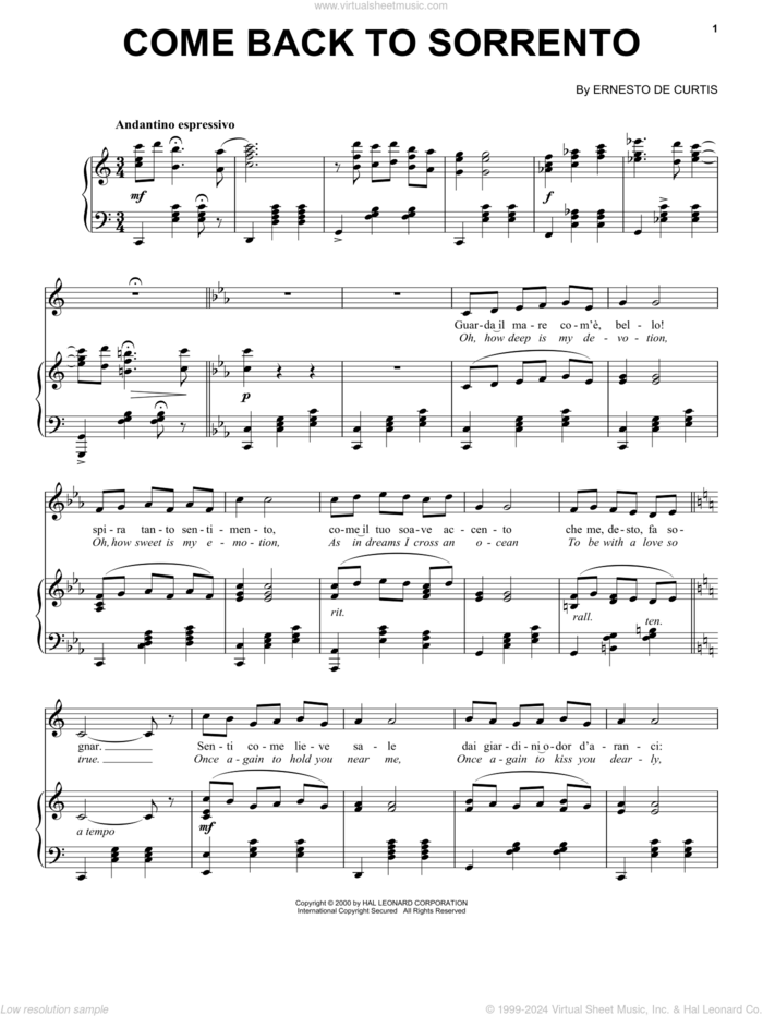 Come Back To Sorrento sheet music for voice and piano by Ernesto de Curtis, classical score, intermediate skill level