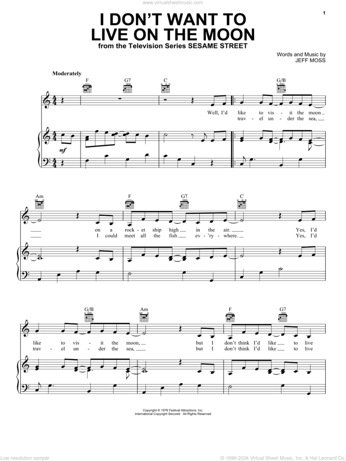 I Don't Want To Live On The Moon (from Sesame Street) sheet music for voice, piano or guitar by Jeff Moss, intermediate skill level