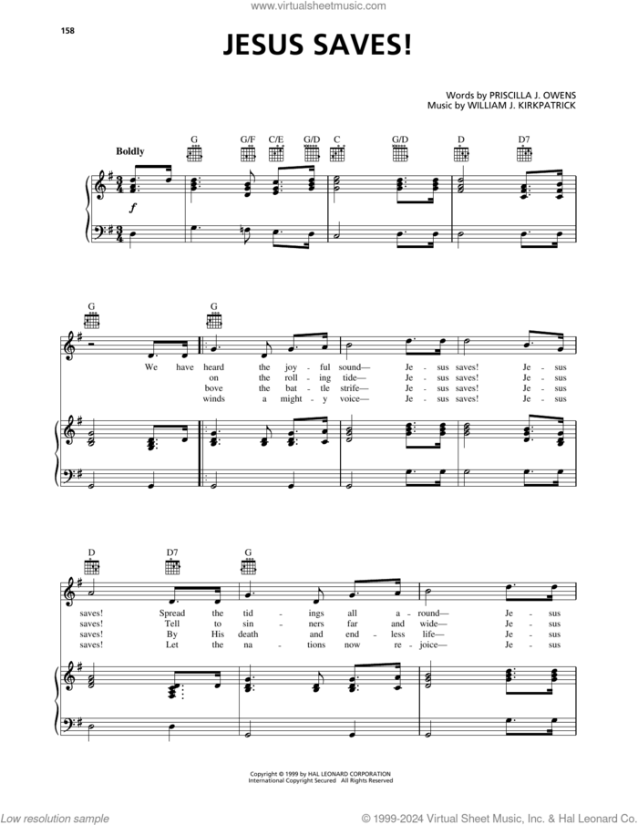 Jesus Saves! sheet music for voice, piano or guitar by William J. Kirkpatrick and Priscilla J. Owens, intermediate skill level