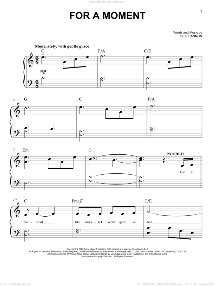 For A Moment (from Wonka) sheet music for piano solo by Neil Hannon, easy skill level