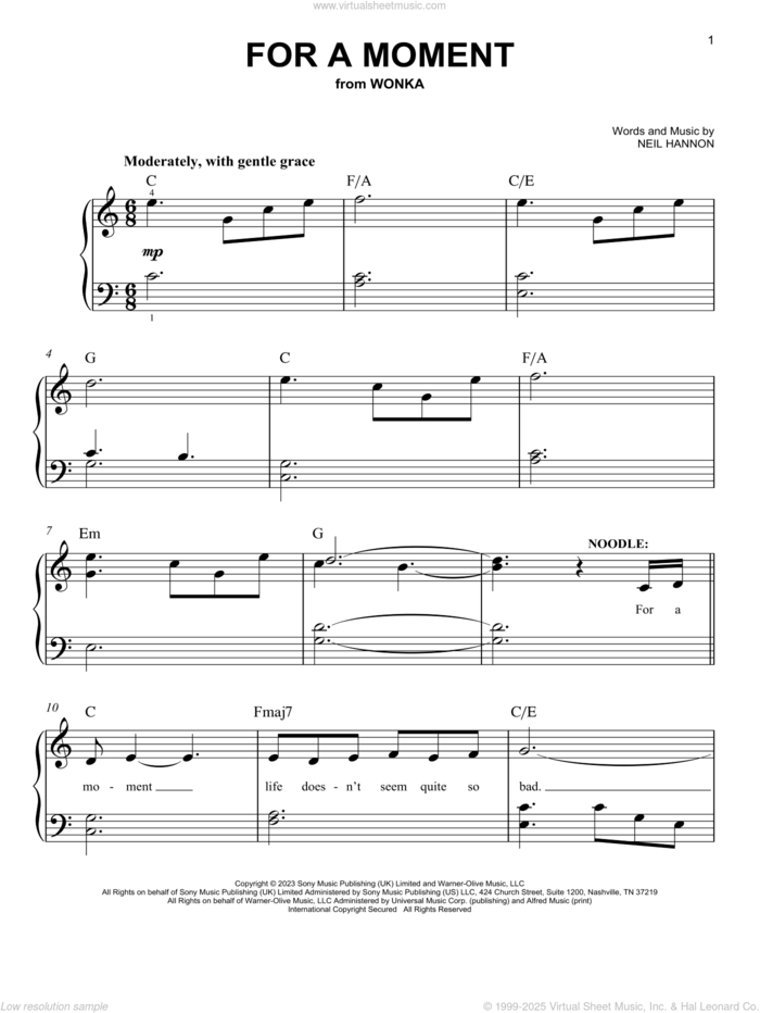 For A Moment (from Wonka), (easy) sheet music for piano solo by Neil Hannon, easy skill level