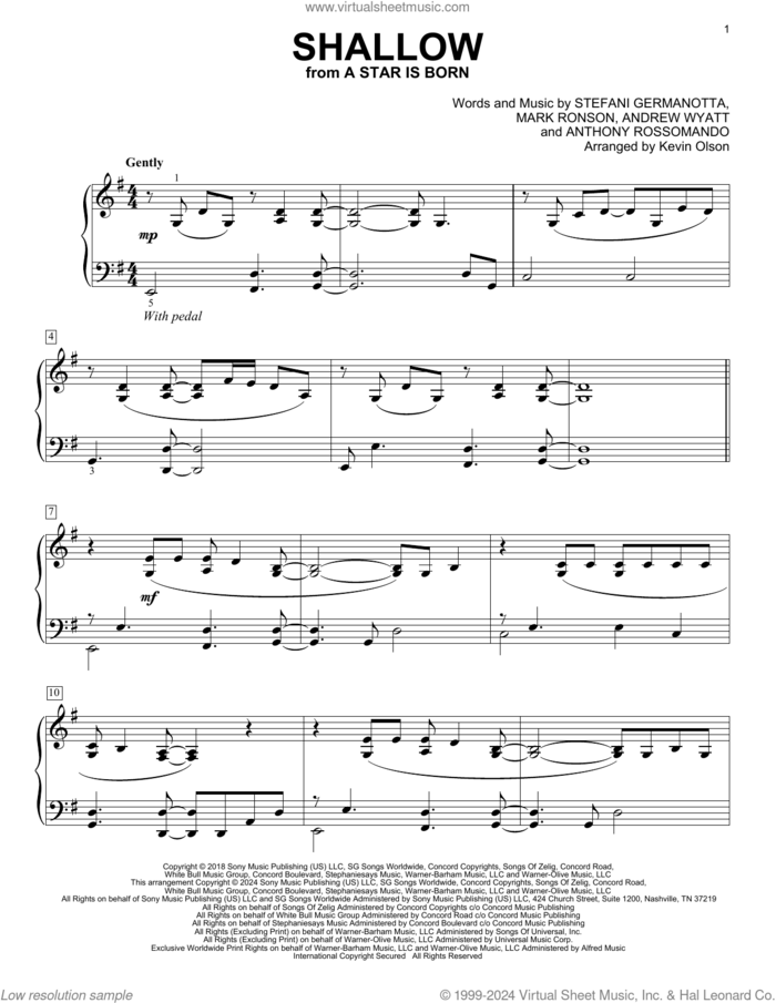 Shallow (from A Star Is Born) (arr. Kevin Olson) sheet music for voice and other instruments (E-Z Play) by Lady Gaga & Bradley Cooper, Kevin Olson, Andrew Wyatt, Anthony Rossomando, Lady Gaga and Mark Ronson, easy skill level