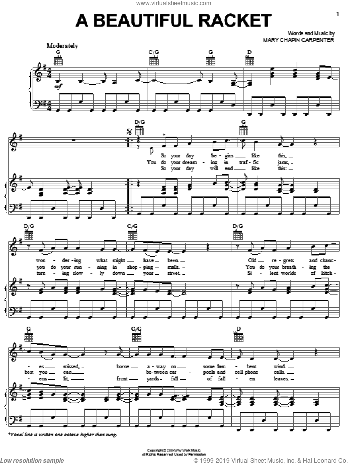 Beautiful Racket sheet music for voice, piano or guitar by Mary Chapin Carpenter, intermediate skill level