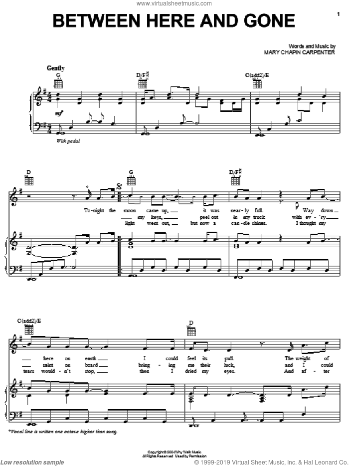 Between Here And Gone sheet music for voice, piano or guitar by Mary Chapin Carpenter, intermediate skill level