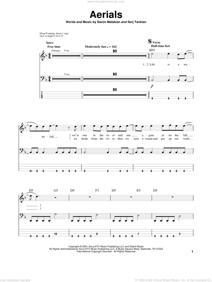 Aerials sheet music for bass (tablature) (bass guitar) by System Of A Down, Daron Malakian and Serj Tankian, intermediate skill level