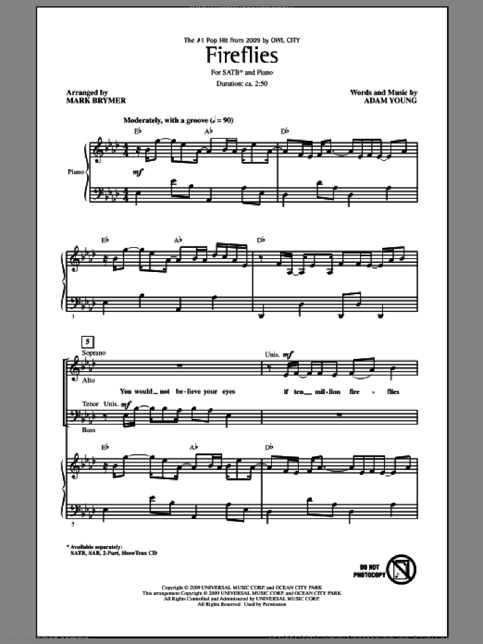 Fireflies sheet music for choir (SATB: soprano, alto, tenor, bass) by Mark Brymer, Adam Young and Owl City, intermediate skill level