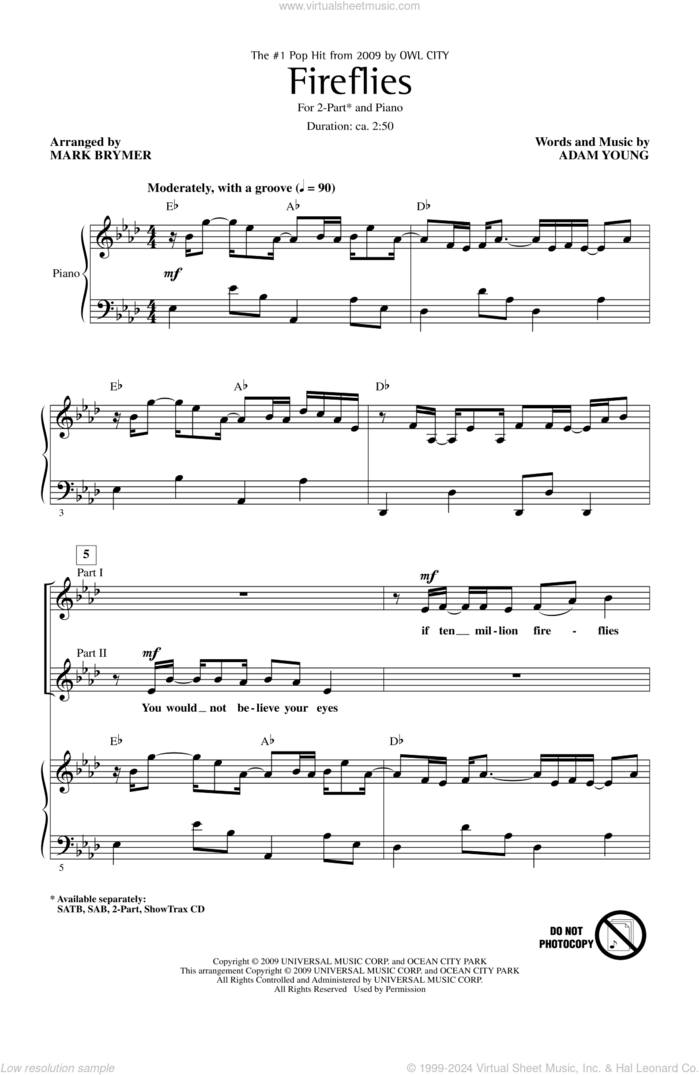 Fireflies (arr. Mark Brymer) sheet music for choir (2-Part) by Mark Brymer, Adam Young and Owl City, intermediate duet