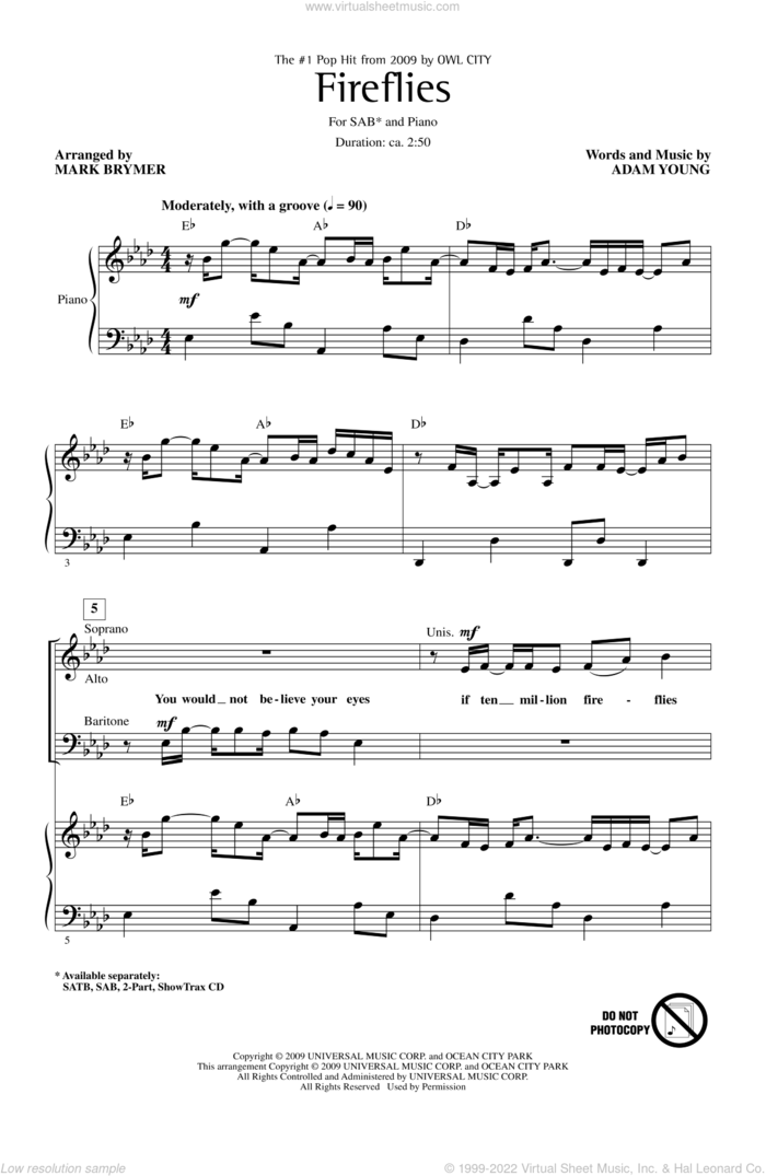 Fireflies sheet music for choir (SAB: soprano, alto, bass) by Mark Brymer, Adam Young and Owl City, intermediate skill level