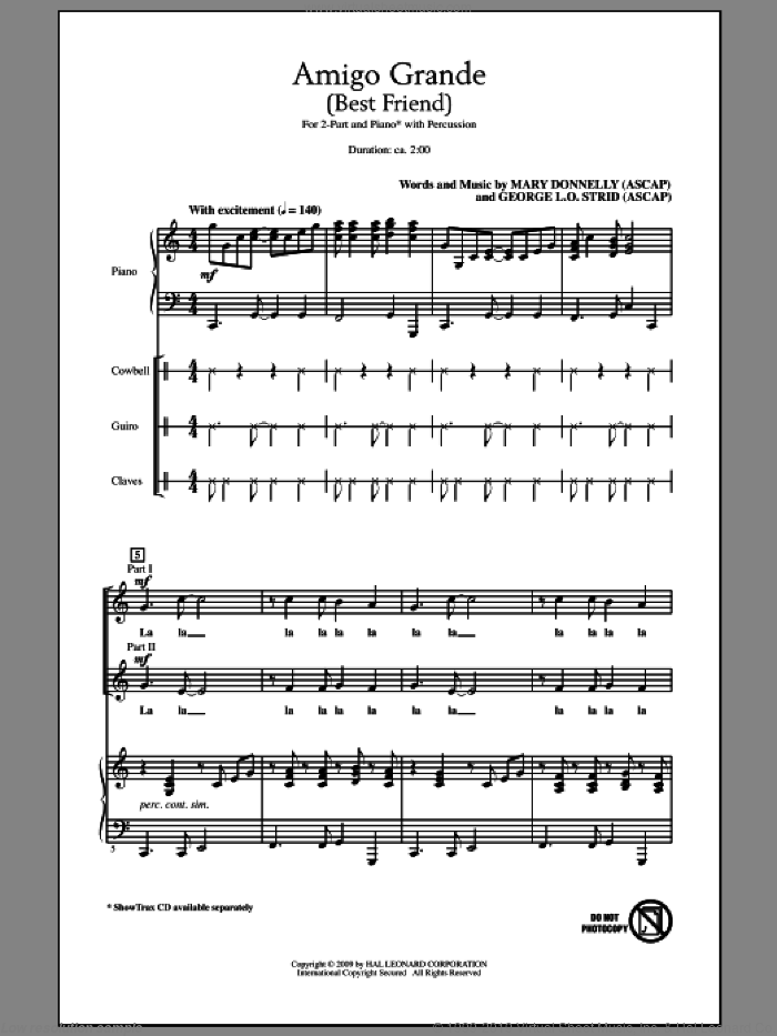 Amigo Grande (Best Friend) sheet music for choir (2-Part) by Mary Donnelly and George L.O. Strid, intermediate duet