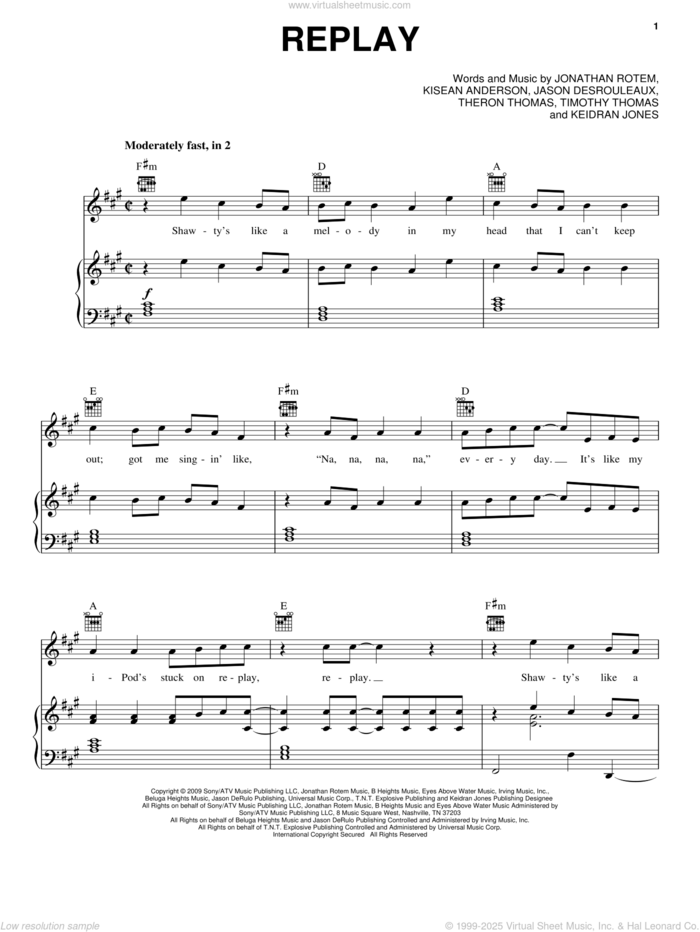 Replay sheet music for voice, piano or guitar by Iyaz, Jason Desrouleaux, Jonathan Rotem, Keidran Jones, Kisean Anderson, Theron Thomas and Timmy Thomas, intermediate skill level