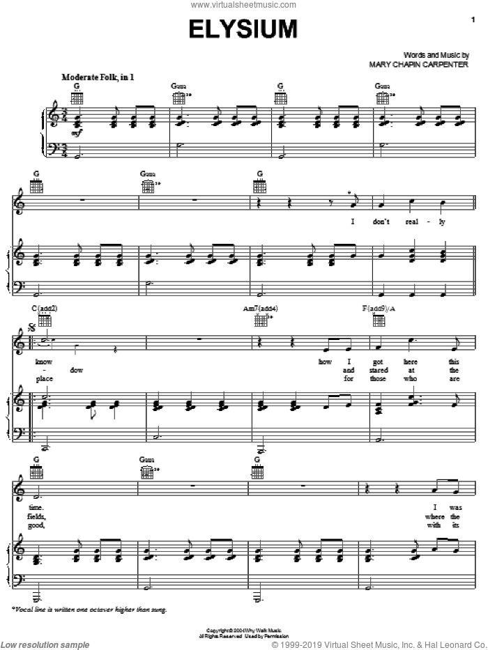 Elysium sheet music for voice, piano or guitar by Mary Chapin Carpenter, intermediate skill level