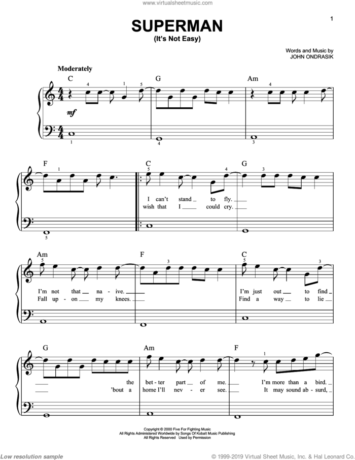 Superman (It's Not Easy) sheet music for piano solo by Five For Fighting and John Ondrasik, easy skill level