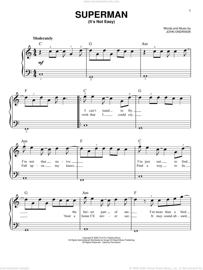 Superman (It's Not Easy) sheet music for piano solo by Five For Fighting and John Ondrasik, easy skill level