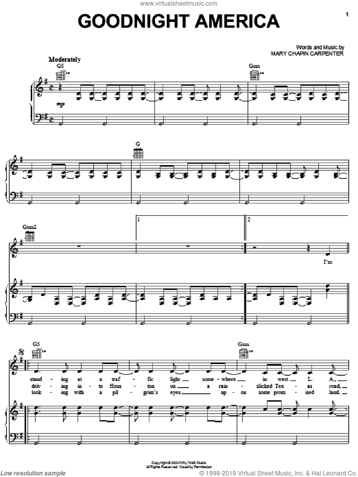 Goodnight America sheet music for voice, piano or guitar by Mary Chapin Carpenter, intermediate skill level