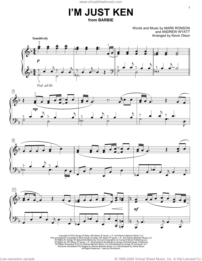 I'm Just Ken (from Barbie) (arr. Kevin Olson) sheet music for voice and other instruments (E-Z Play) by Ryan Gosling, Kevin Olson, Andrew Wyatt and Mark Ronson, easy skill level