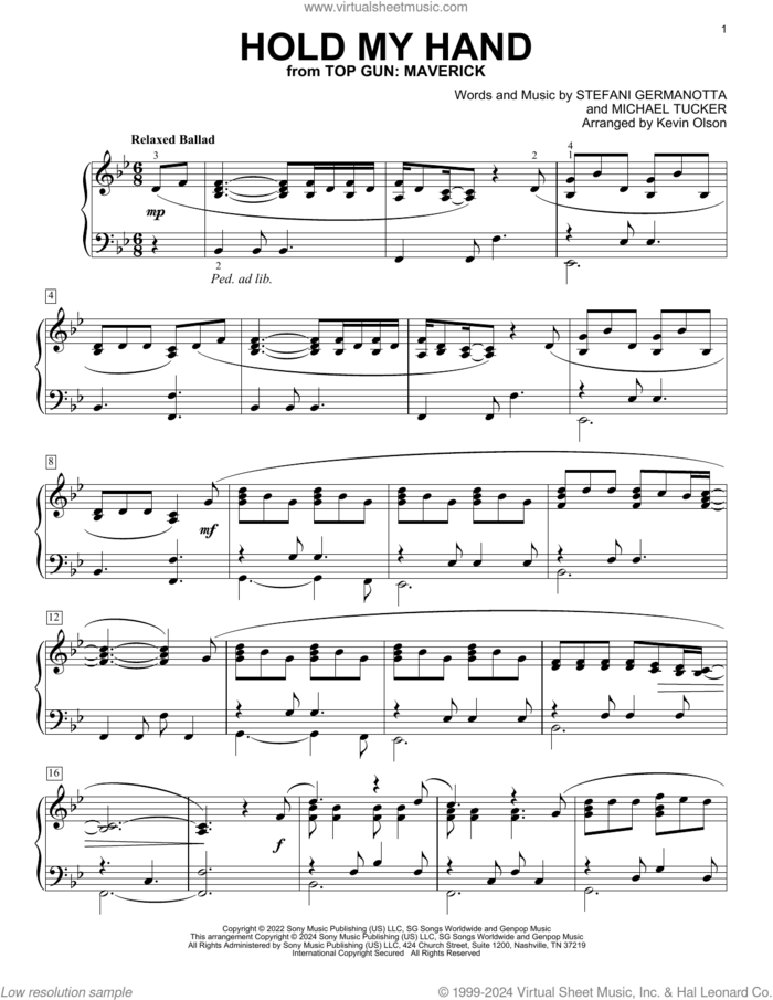 Hold My Hand (from Top Gun: Maverick) (arr. Kevin Olson) sheet music for voice and other instruments (E-Z Play) by Lady Gaga, Kevin Olson and Michael Tucker p/k/a BloodPop, easy skill level