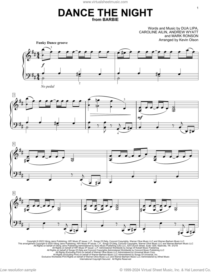 Dance The Night (from Barbie) (arr. Kevin Olson) sheet music for voice and other instruments (E-Z Play) by Dua Lipa, Kevin Olson, Andrew Wyatt Blakemore, Caroline Ailin and Mark Ronson, easy skill level