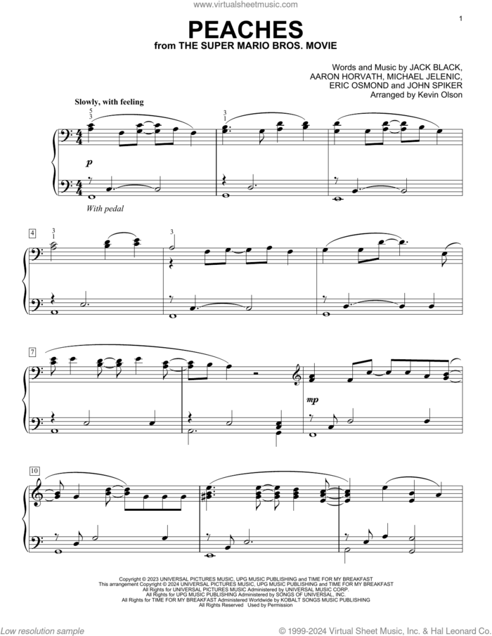 Peaches (from The Super Mario Bros. Movie) (arr. Kevin Olson) sheet music for voice and other instruments (E-Z Play) by Jack Black, Kevin Olson, Aaron Horvath, Eric Osmond, John Spiker and Michael Jelenic, easy skill level