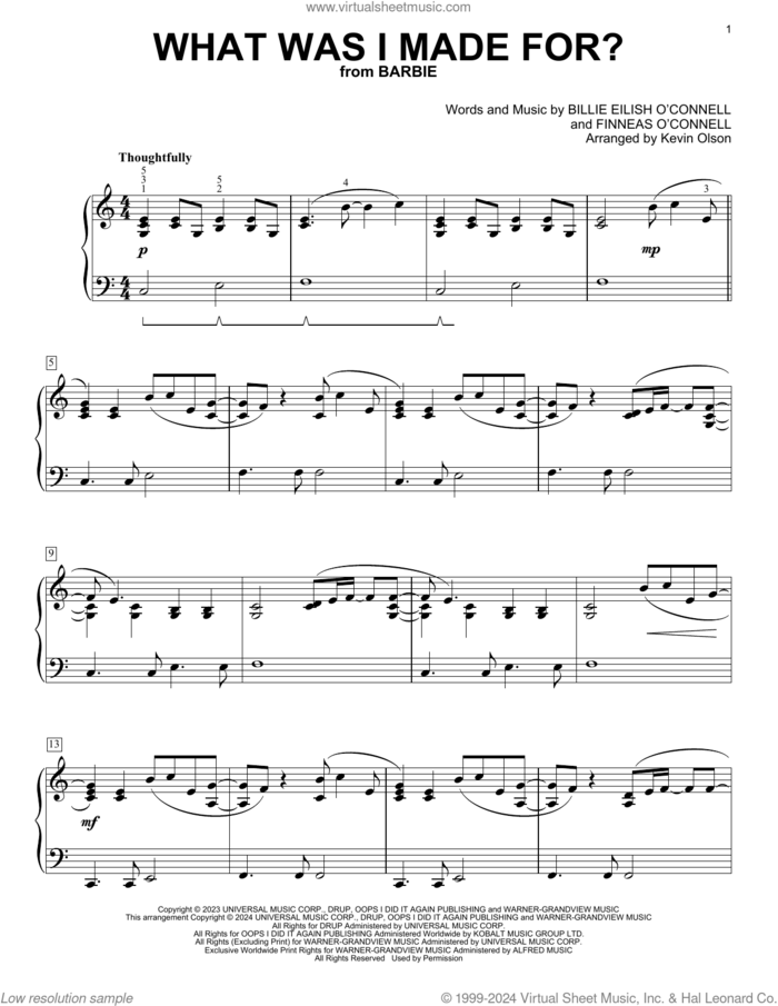 What Was I Made For? (from Barbie) (arr. Kevin Olson) sheet music for voice and other instruments (E-Z Play) by Billie Eilish and Kevin Olson, easy skill level