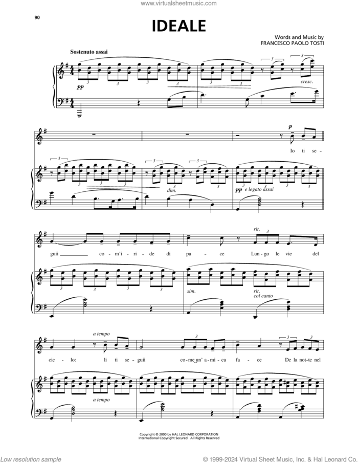 Ideale sheet music for voice, piano or guitar by Francesco Paolo Tosti and Carmelo Errico, classical score, intermediate skill level