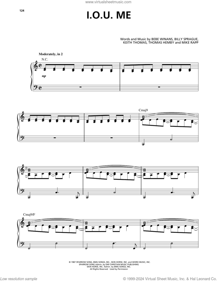 I.O.U. Me sheet music for voice, piano or guitar by BeBe and CeCe Winans, BeBe Winans, Billy Sprague, Keith Thomas and Mike Rapp, wedding score, intermediate skill level